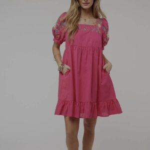 DAVI & DANI Hot Pink Embroidered Puff-Sleeve Mini Dress